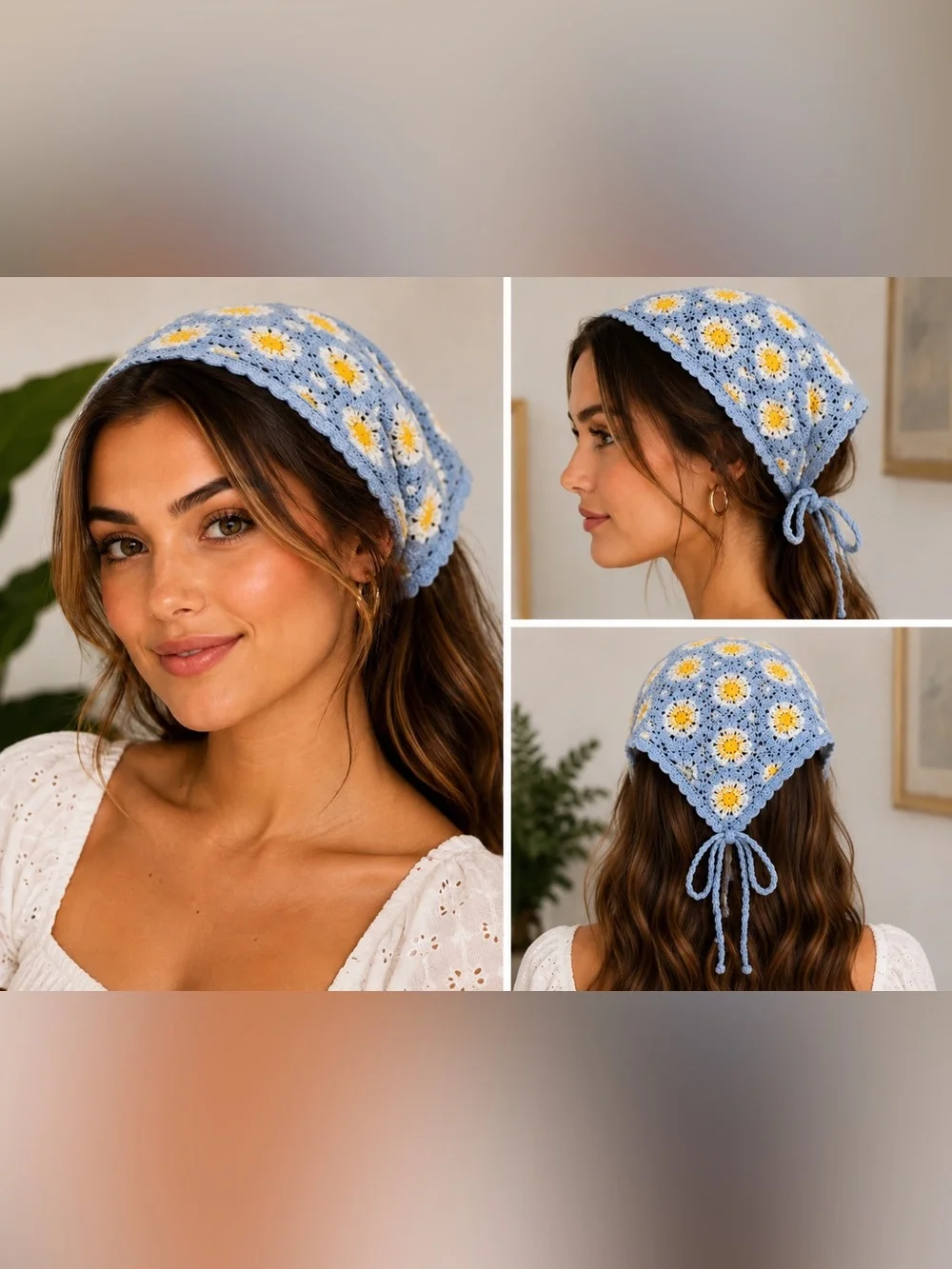 Hand Crocheted Blue Daisy Head Wrap Boho Bandana Cottagecore